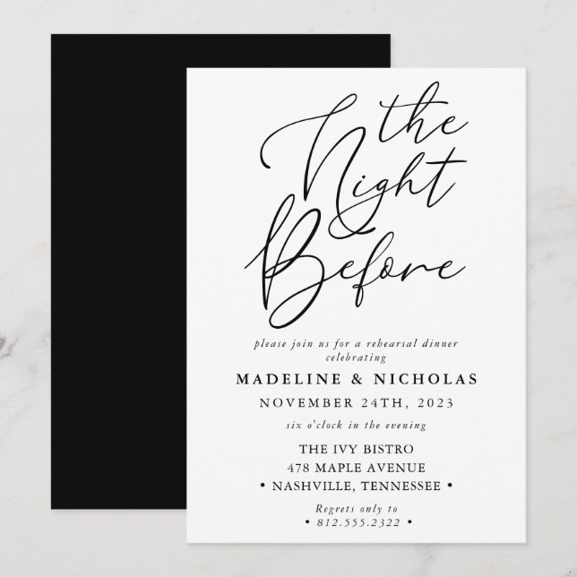 Invitation Moderne Noir Et Blanc La Nuit Avant La Répétition (Devant / Derrière)