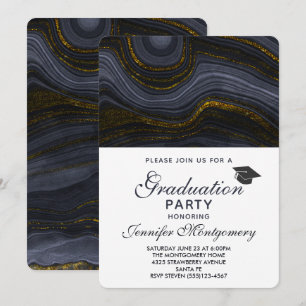 Invitation Moderne noir et or Agate et bonnet de graduation