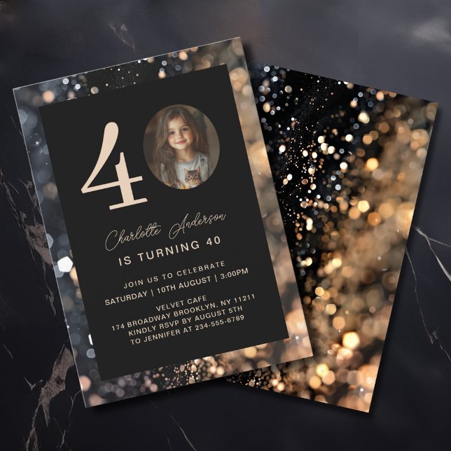 Invitation Moderne, Noir, Or, Parties scintillant, Photo, 40. (Modern, Black, Gold, Glitter, Photo, 40. Birthday Invitation)