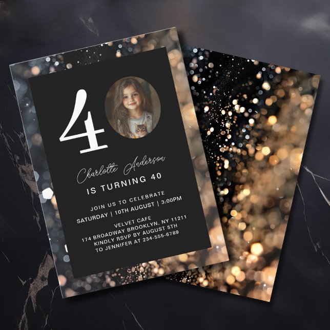 Invitation Moderne, Noir, Or, Parties scintillant, Photo, 40. (Modern, Black, Gold, Glitter, Photo, 40. Birthday Invitation)
