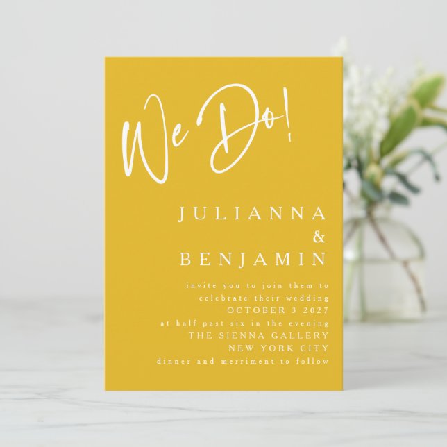 Invitation Moderne Nous faisons Elegant Mariage Jaune safran (Debout devant)