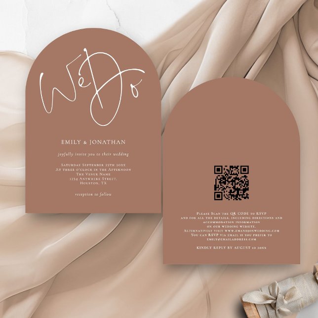 Invitation Moderne Nous Faisons Script Soft Brown QR Code Mar (Front and back view)