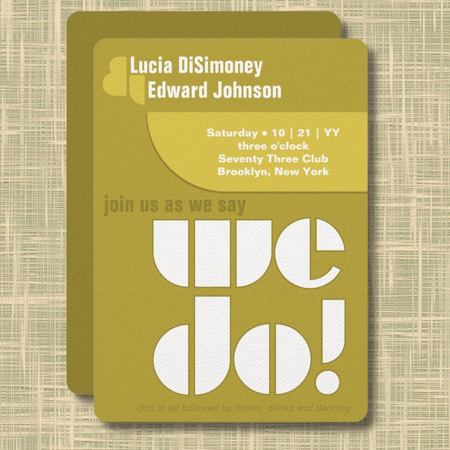 Invitation Moderne Nous faisons Typographie géométrique Avoca (Modern geometric "we do!" wedding invitation in olive and avocado green.)