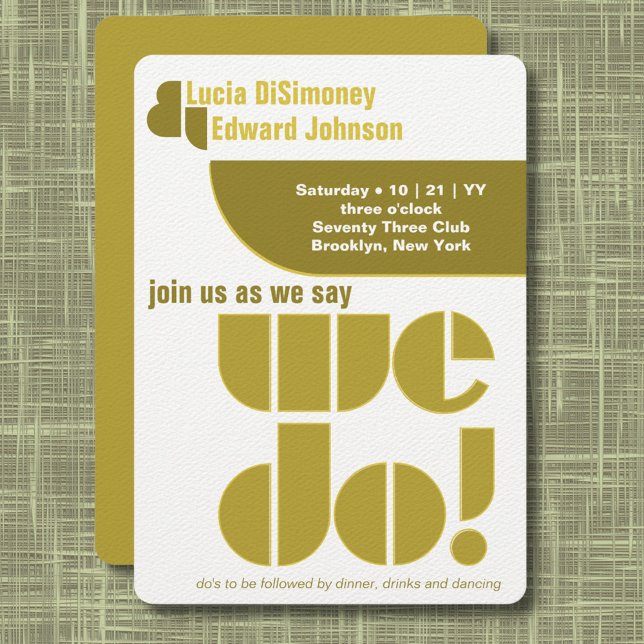Invitation Moderne Nous faisons Typographie géométrique Avoca (Modern geometric "we do!" wedding invitation in olive and avocado green on white.)