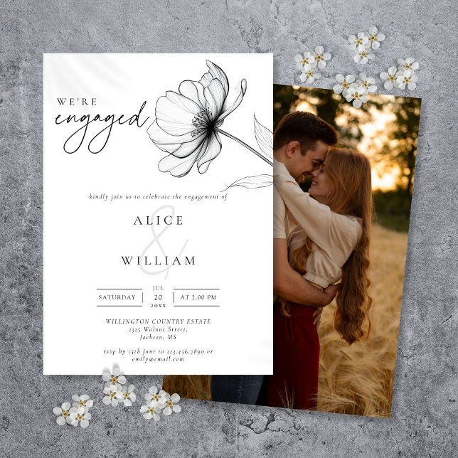 Invitation Moderne Nous sommes engagés Floral Photo Engagemen (Modern We're Engaged Floral Photo Engagement Party Invitation)