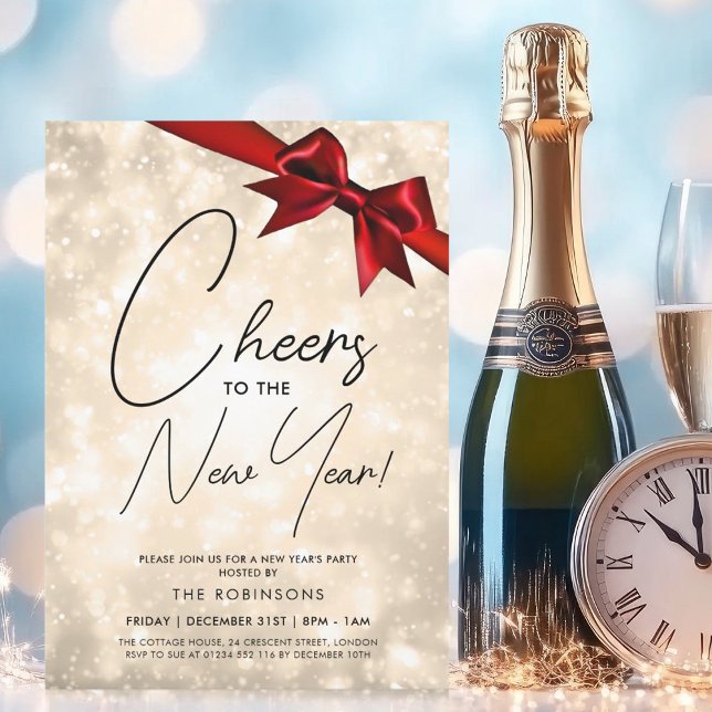 Invitation MODERNE Nouvel An Eve Gold Champagne Bokeh Red Bow (MODERN New Years Eve Gold Champagne Bokeh Red Bow Invitation)