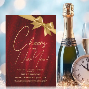 Invitation MODERNE Nouvel An Eve Gold Red Sparkle Bow