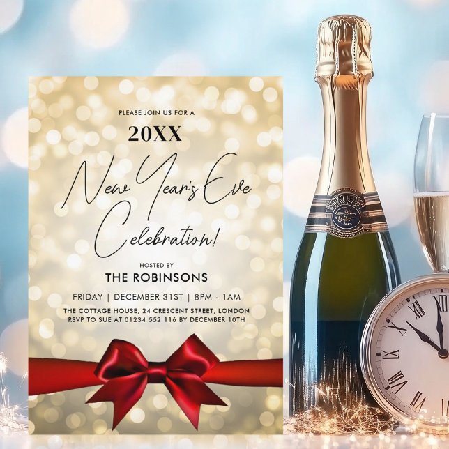 Invitation MODERNE Nouvel An Sove Party Gold Bokeh Red Bow (MODERN New Years Eve Party Gold Bokeh Red Bow Invitation)