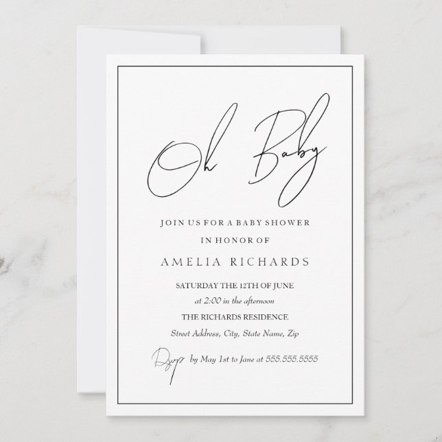 Invitation Moderne Oh Bébé Noir Blanc Baby Shower  (Devant)
