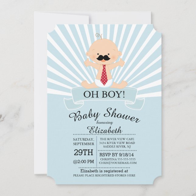 Invitation Moderne Oh Boy Mustache Boys Baby shower (Devant)