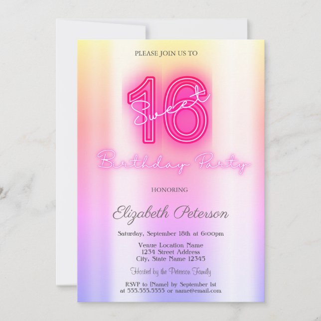 Invitation Moderne Ombre Neon Sweet 16 (Devant)