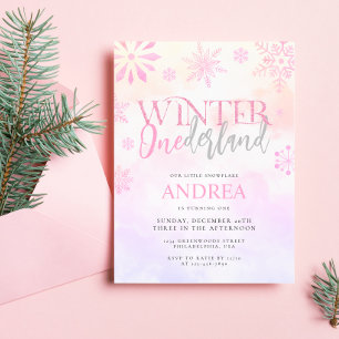 Invitation Moderne ONEderland d'hiver rose pour une fille de 