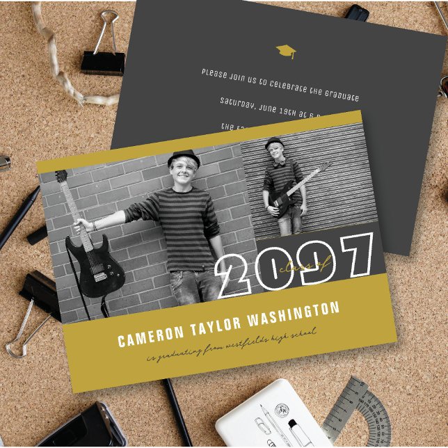 Invitation Moderne Or 2 Blocs Photo Simple Fête de Remise des (Modern Gold 2 Photo Blocks Simple Graduation Announcement & Party Invitation @ fatfatin)