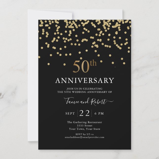 Invitation Moderne Or 50e Anniversaire de Mariage Noir (Devant)