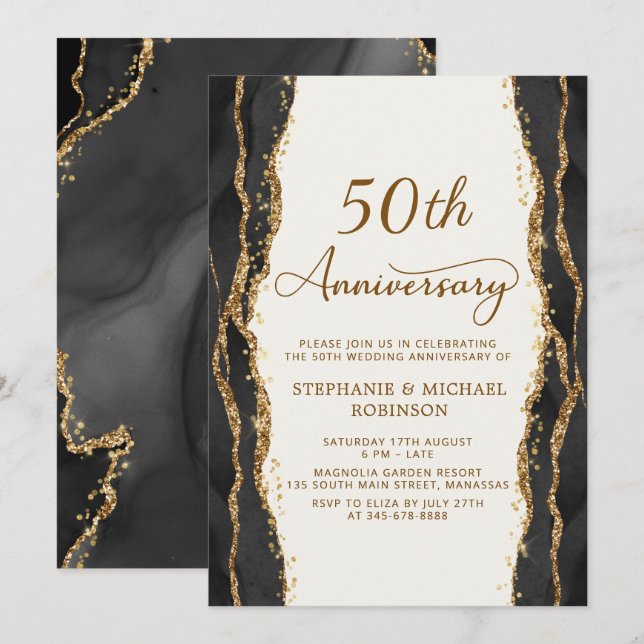Invitation Moderne Or Noir 50e Anniversaire de Mariage (Devant / Derrière)