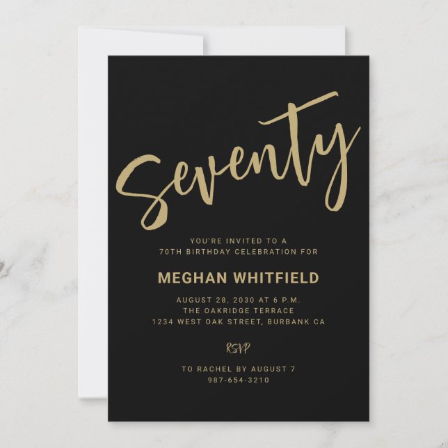 Invitation Moderne Or Noir Soixante-Dix Script 70e Anniversai (Devant)