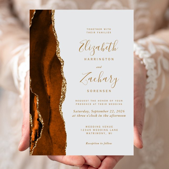 Invitation Moderne Orange Brûlé Or Agate Gris Pâle Mariage (Créateur téléchargé)