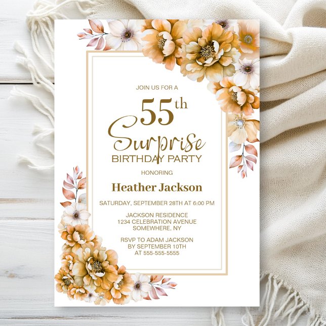 Invitation Moderne Orange Floral Surprise 55ème anniversaire (Créateur téléchargé)