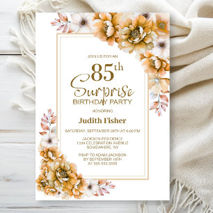 Invitation Moderne Orange Floral Surprise 85ème anniversaire
