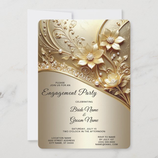 Invitation Moderne Orné Or Fleurs avec Perles Alliance (Devant)