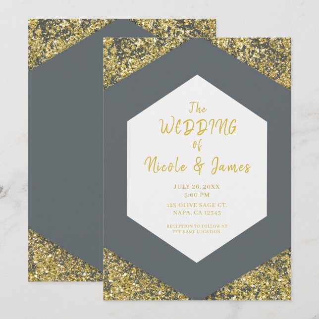 Invitation Moderne Paillettes Dorées Chic Grises Mariage Glam (Devant / Derrière)