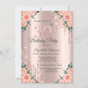 Invitation Moderne Paillettes Gouttes Floral Rose Or 30ème