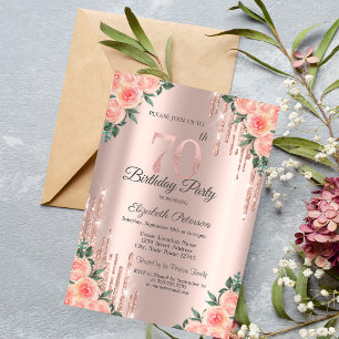 Invitation Moderne Paillettes Gouttes Floral Rose Or 70ème
