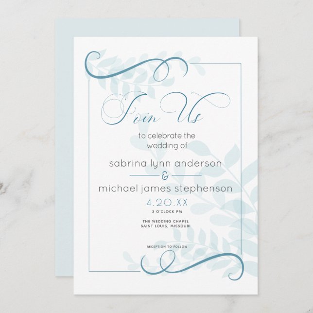 Invitation Moderne Pale Foliage Chic Accents Bleu Turquoise (Devant / Derrière)