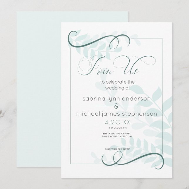 Invitation Moderne Pale Foliage Chic Accents Jade Green (Devant / Derrière)