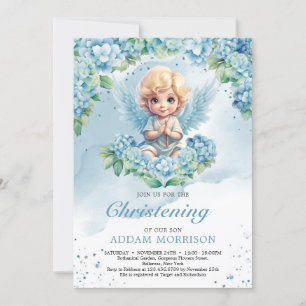 Invitation Moderne pastel bleu hydrangea garçon ange