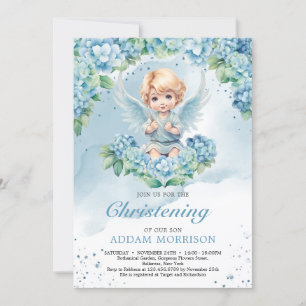 Invitation Moderne pastel bleu hydrangea garçon ange