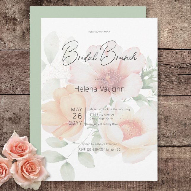 Invitation Moderne Pêche & Sage Fleurs vertes Brunch nuptial (Modern Peach & Sage Green Flowers Bridal Brunch Invitation)