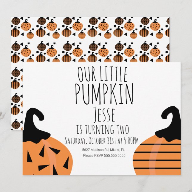 Invitation Moderne Petit Anniversaire Citrouille d'Halloween (Devant / Derrière)