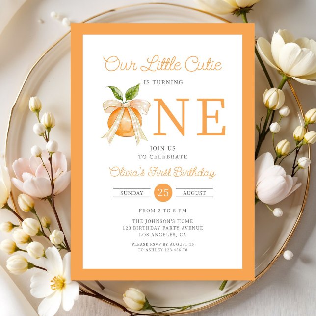 Invitation Moderne petite mignonne orange Citrus 1er annivers (Modern Little Cutie Orange Citrus 1st Birthday Invitation)