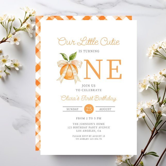 Invitation Moderne petite mignonne orange citrus 1er annivers (Modern Little Cutie Orange Citrus 1st Birthday Invitation)