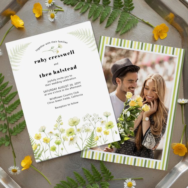 Invitation Moderne Photo de Mariage à Rayures de Fleurs Sauva (Wedding Invitation with engagement photo from Citrus Green Wildflower collection by Darling & May)