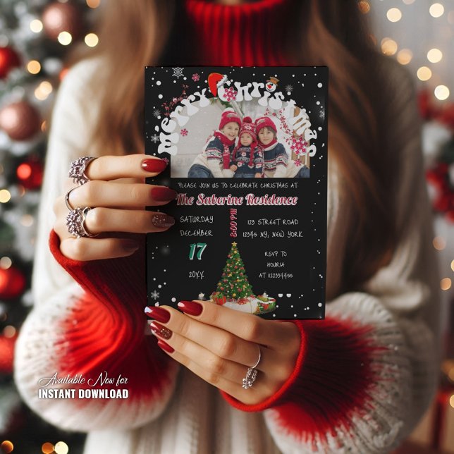 Invitation Moderne Photo Graffiti de Noël Joyeux Parti Noir (Créateur téléchargé)