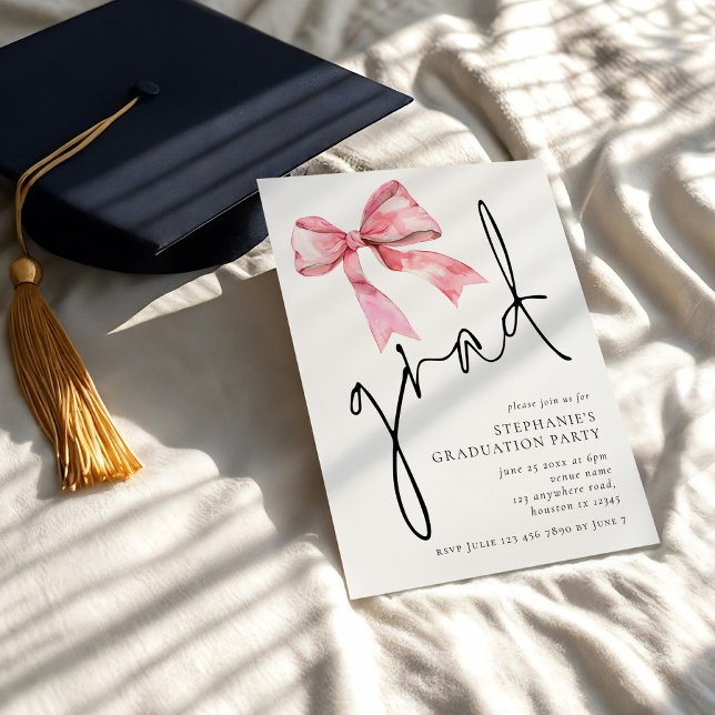 Invitation Moderne Pink Bow Script Grad Graduation (Créateur téléchargé)
