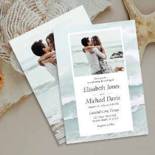 Invitation Moderne Plage Bleu Océan Vague Été Photo Mariage