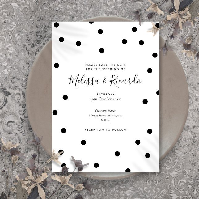Invitation Moderne points noirs et blancs Sauvegarder la date (Modern Black and White Polka Dots Save the Date Invitation)