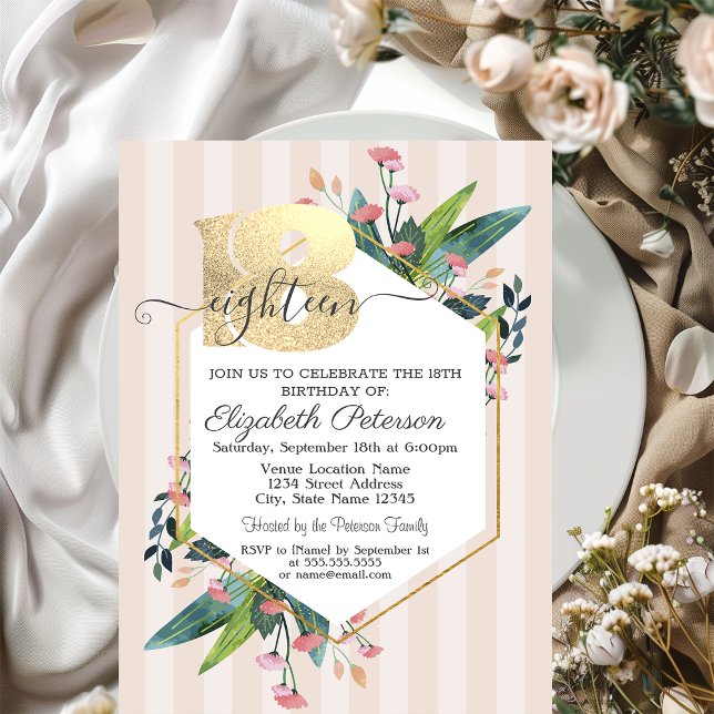 Invitation moderne pour 18 ans avec fleurs et rayu (Créateur téléchargé)
