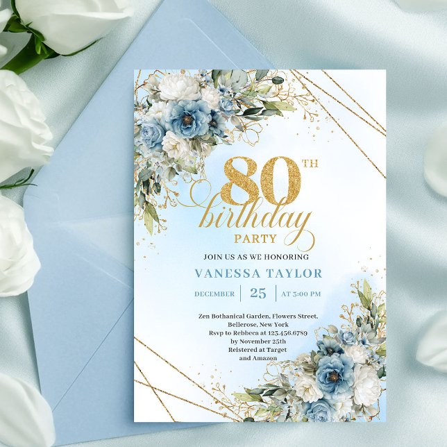 Invitation moderne pour 80e anniversaire Boho Dust (Modern 80th Birthday Invite Boho Dusty Blue Florals)
