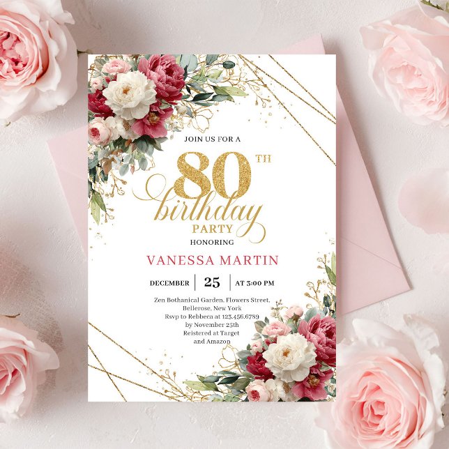 Invitation moderne pour 80e anniversaire en blanc  (Modern Burgundy White Gold 80th Birthday Invite)