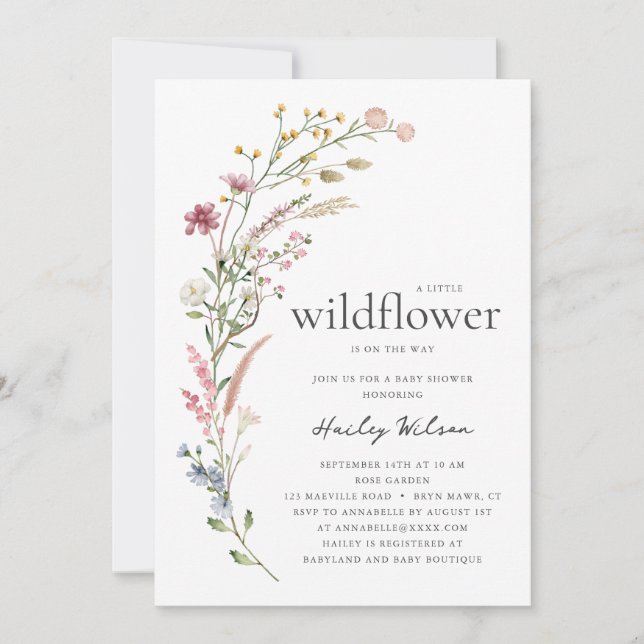 Invitation moderne pour Baby Shower Fleur Sauvage  (Devant)