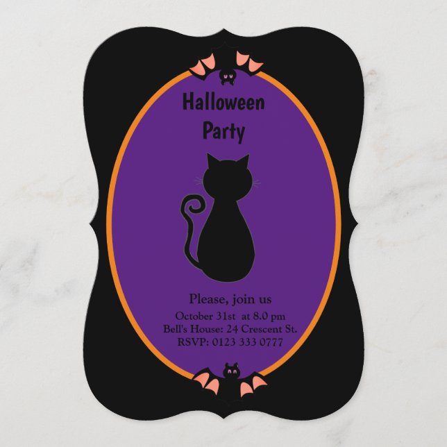 Invitation moderne pour Halloween avec chat noir e (Devant)