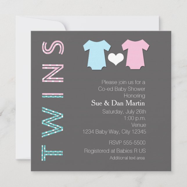 Invitation moderne pour la fête prénatale de jumea (Devant)