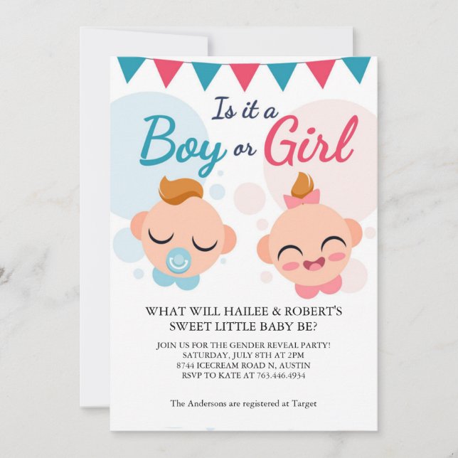 Invitation moderne pour la révélation du sexe de b (Devant)