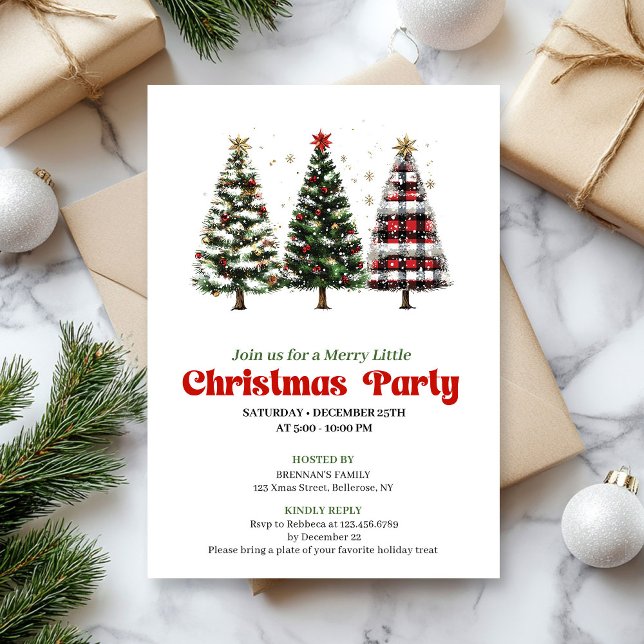 Invitation moderne pour un arbre de Noël avec moti (Modern red plaid buffalo Christmas tree invite)