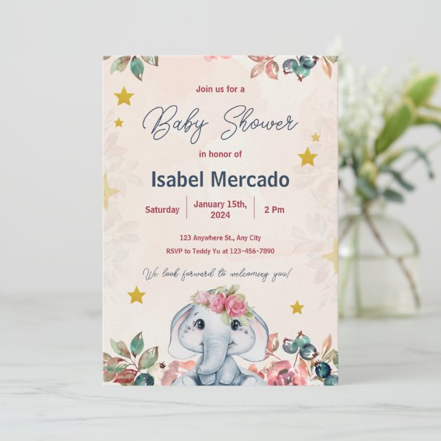 Invitation moderne pour une baby shower rose et bl (Debout devant)
