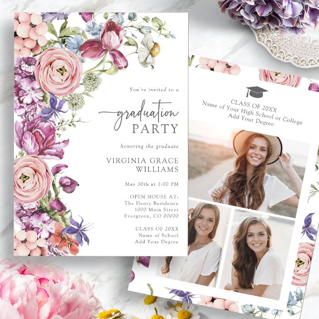 Invitation moderne pour une fête de fin d'études a (Modern Floral Watercolor Graduation Party Invitation with Pictures by Painted Paperie
)